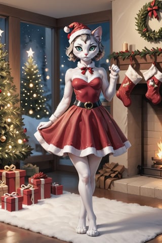 The AI image generator weaves a whimsical and festive scene, bringing to life the enchanting concept of a cat with humanoid features in a female form with a delightful holiday twist. This fantastical character, with a cat's head and expressive eyes, is transformed into a humanoid figure with furry legs and a distinctly feminine silhouette.

Dressed in a chic and festive Santa-inspired outfit, complete with a stylish dress and accessories, the character radiates a perfect blend of feline charm and holiday glamour. The attire tastefully complements the figure's anthropomorphic features, creating a unique and magical persona.

In the background, the scene is set in a cozy Christmas atmosphere. A beautifully decorated Christmas tree adorned with twinkling lights and ornaments serves as the centerpiece, casting a warm glow. A crackling fireplace adds to the festive ambiance, filling the air with a sense of comfort and joy.

The cat-woman figure stands gracefully amidst the holiday setting, exuding confidence and playfulness. Her humanoid form, combined with feline features, creates a captivating and imaginative representation that captures the spirit of both Christmas and fantasy.

This artistic composition aims to blend the whimsy of fantasy with the joy of the holiday season, creating a visually appealing and enchanting image of a festive cat-woman in a Christmas-inspired setting.





