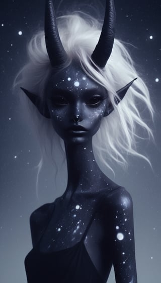 hair , a dark demon girl , (pitch black eyes, cosmic black:1), , bright bleach white tips hair , well lit , very skinny, cosmic pattern on skin 
