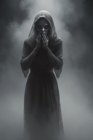 a scary female figure is whispering scary, black and gray gradient, foggy, realistic, 8k, unreal machine, cinematic