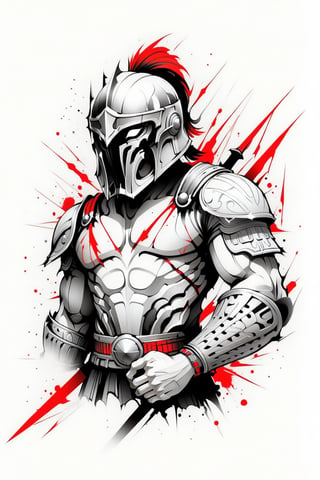 lineart tattoo design, close-up spartan soldier struggling, with helmet, bare chest, bare arms, geometric forms with red sword superimpossed, ((drawing lines)), drawing in black and withe, thick lines, filagree, realistic, silkscreen dot pattern in background, white background, monster, Leonardo Style,Pencil Draw,Fashion Illustration,Flat vector art,pencil sketch,1y0n