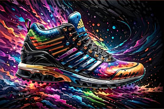 (best quality, 4k, 8k, highres, masterpiece:1.2), ultra-detailed,T-shirt design,illustration, adidas shoes with colorful paint splatters around it on a black background with a splash of paint,vector illustration,white background,v0ng44g