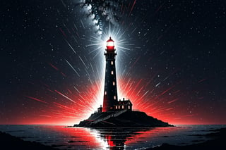 A lonely lighthouse in a sky full of stars, with an intense ray of light coming out of the lighthouse, ((drawing lines)), drawing in (black, withe and red), thick lines, filagree, realistic, white background, monster, Leonardo Style,Pencil Draw,Fashion Illustration,Flat vector art,pencil sketch,lineart