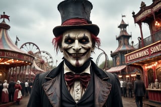 a carnival figure with twisted features, a top hat, and a sinister smile, carnival reds, ominous blacks and unsettling whites, sinister and ominous, disfigured features, dirty and bloody clothes, amusement park atmosphere, spooky atmosphere and atmosphere of terror, old dilapidated amusement park with kis playing in background, 16k UHD, extreme realism, maximum definitions, ultra detail,monster,steampunk style,more detail XL