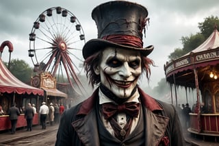 a carnival figure with twisted features, a top hat, and a sinister smile, carnival reds, ominous blacks and unsettling whites, sinister and ominous, disfigured features, dirty and bloody clothes, amusement park atmosphere, spooky atmosphere and atmosphere of terror, old dilapidated amusement park with kis playing in background, 16k UHD, extreme realism, maximum definitions, ultra detail,monster,steampunk style,more detail XL