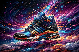 (best quality, 4k, 8k, highres, masterpiece:1.2), ultra-detailed,T-shirt design,illustration, adidas shoes with colorful paint splatters around it on a black background with a splash of paint,vector illustration,white background,v0ng44g