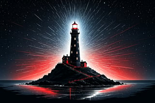 A lonely lighthouse in a sky full of stars, with an intense ray of light, ((drawing lines)), drawing in (black, withe and red), thick lines, filagree, realistic, white background, monster, Leonardo Style,Pencil Draw,Fashion Illustration,Flat vector art,pencil sketch,lineart