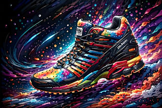 (best quality, 4k, 8k, highres, masterpiece:1.2), ultra-detailed,T-shirt design,illustration, adidas shoes with colorful paint splatters around it on a black background with a splash of paint,vector illustration,white background,v0ng44g