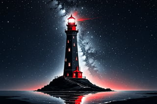 A lonely lighthouse in a sky full of stars, ((drawing lines)), drawing in (black, withe and red), thick lines, filagree, realistic, white background, monster, Leonardo Style,Pencil Draw,Fashion Illustration,Flat vector art,pencil sketch,lineart