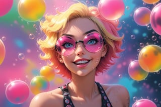 comic book illustration of a portrait of woman surrounded by bubbles, wearing tank top, wearing sun glasses, wearing black miniskirt, (((only one woman))), little mischievous smile, short blonde with pink highlights hair, tattooed  body, full color, vibrant colors, 
sexy body, detailed gorgeous face, BIg bubbles environment, bubbles in background, exquisite detail,  30-megapixel, 4k, Flat vector art, Vector illustration, Illustration,dreamgirl,,<lora:659095807385103906:1.0>