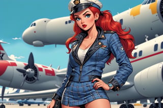 vintage comic book illustration of a commercial aviation captain woman at the airport, only one woman, ((airport buildings background)), red ponytail hairstyle, wearing blue leather jacket, plaid miniskirt, white aviation captain cap, wearing white blouse, showing small breast under the bloue, great cleavage, long cleavage, sexy body, black lips, tattooed body, detailed gorgeous face, exquisite detail, ((full body)), 30-megapixel, 4k, Flat vector art, Vector illustration, Illustration, <lora:659095807385103906:1.0>,,rubber_hose_character,<lora:659095807385103906:1.0>,<lora:659095807385103906:1.0>