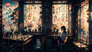 a girl in a headset looking out the window with her cat, and a cup, in the style of studio Ghibli, exotic atmosphere, lofi, Japanese pop art, gamercore, dark purple and beige, hyper-detail, lively tavern scenes, studyplace, beautiful women, exotic, (((masterpiece))) --ar 16:9