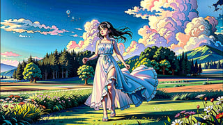 ((masterpiece)), (best quality), (cinematic), a woman in a long white dress, running through an open field, long black hair, bangs, chubby, wide hips, full body, green eyes, freckles on cheeks, wind, detailed face, detailed body, red and orange sky, glow, clouds, vegetation, green plains, floating bubbles, (cinematic, colorful), vast field, (extremely detailed), inspired by Studio Ghibli, EpicSky, cloud, sky, highly detailed, detailed face