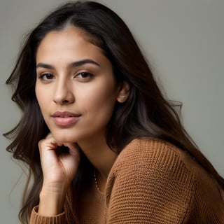 face photo of a beautiful latina 26 y.o woman model in sweater, brown skin, thin, chiseled jawline, narrow face, beautiful flowing hair
