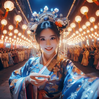 Realistic 16K resolution Cobalt tone colors photography featuring majicMIX realistic lora, a joyful girl wearing fashionable traditional Hanfu playing Gezi Opera, at glowing stage in middle of the street. 
break, 
1 girl, Exquisitely perfect symmetric very gorgeous face, perfect breasts, Exquisite delicate crystal clear skin, Detailed beautiful delicate eyes, perfect slim body shape, slender and beautiful fingers, nice hands, perfect hands, perfect pussy, illuminated by vivid colors theme, film grain, realistic skin, dramatic lighting, soft lighting, exaggerated perspective of  (fisheye lens depth,),