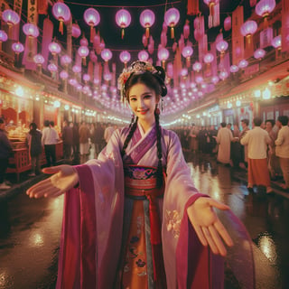 Realistic 16K resolution Cobalt tone colors photography featuring majicMIX realistic lora, a joyful girl wearing fashionable traditional Hanfu playing Gezi Opera, at glowing stage in middle of the street. 
break, 
1 girl, Exquisitely perfect symmetric very gorgeous face, perfect breasts, Exquisite delicate crystal clear skin, Detailed beautiful delicate eyes, perfect slim body shape, slender and beautiful fingers, nice hands, perfect hands, perfect pussy, illuminated by vivid colors theme, film grain, realistic skin, dramatic lighting, soft lighting, exaggerated perspective of  (fisheye lens depth,),