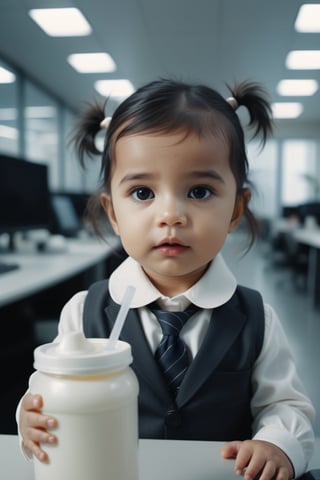  , cinematic  moviemaker style, ,detailmaster2, 8k

a cute baby girl wearing a suit and working in an office,bottle milk.