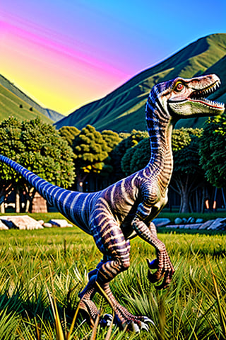 Suchomimus is nurturing and feeding its offspring. Set in a lush prehistoric valley, herbivorous dinosaurs grace the background. The protagonist Suchomimus tenderly holds the body of a winged Parasaurolophus, the peculiar delicacy it uses to nourish its little ones.,Velociraptor_Dino