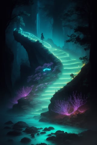 Ultra detailed illustration of a person lost in a magical world of wonders, glowy, bioluminescent flora, incredibly detailed, pastel colors, handpainted strokes, visible strokes, oil paint, art by Mschiffer, night, bioluminescence