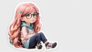 leonardo style, illustration ,sticker, glasses, multicolored hair, blush, 1giel, long hair, sitting, no humans, full body