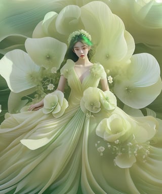 the beautiful girl is wearing beautiful green flowers, fullbody, in the style of realistic and hyper-detailed renderings, light beige and white, fluid and organic forms, i can't believe how beautiful this is, dramatic splendor, multi-layered figures, soft-edge, lienhoa,Bomi,photorealistic,Detailedface