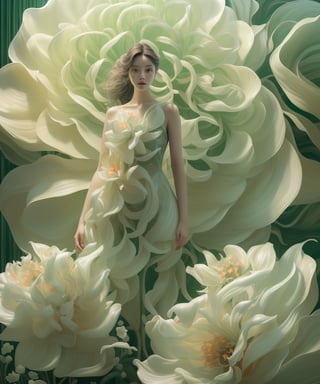 fullbody, photo of woman standing in front of beauty giant's flower, in the style of realistic hyper-detailed rendering, white and emerald, flowing fabrics, detailed character illustrations, light orange and beige, dark white and light emerald, 32k uhd, lienhoa,Bomi,photorealistic