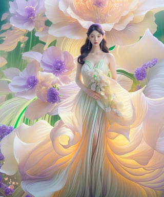 fullbody, photo of woman standing in front of a beauty purple giant's flower, portrait, in the style of realistic hyper-detailed rendering, white and emerald, flowing fabrics, detailed character illustrations, light orange and beige, dark white and light emerald, 32k uhd, whimsical florals, majismo, lienhoa,Bomi,photorealistic