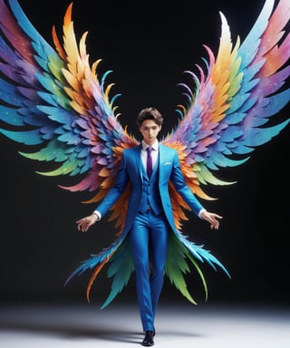 Create an image of a young man wearing a suit, featuring vibrant, crystal giant wings extending from his back. Random movement The background should be plain white, emphasizing the contrast and detailing of the beauty wings and the sharpness of the suit. The man should appear poised and elegant, with the wings unfurled to showcase a spectrum of vivid hues, blending seamlessly from one color to another. In style of cartoon and manga. The focus should be on the meticulous details of the wings’ feathers and the suit’s fabric, capturing a harmonious blend of natural and refined elements, wings,Stylish,ink ,3D MODEL