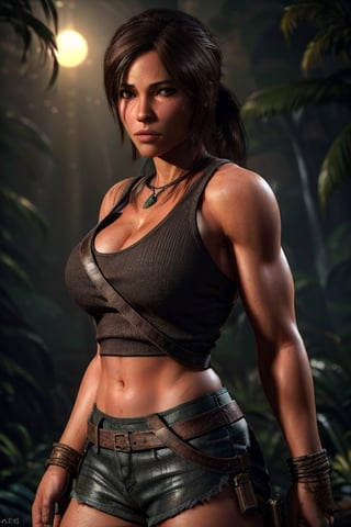 Lara Croft, tank top, moonlight, hot pants, cleavage, perfect breasts, serious expression, swaety, award-winning, in jungle, (8k, RAW photo, best quality, masterpiece:1.2),ultra-detailed, (high detailed skin:1.2), 8k uhd, dslr, soft lighting, high quality