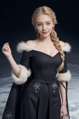 Realistic photography cinematic still,a woman (masterpiece:1.4), (best qualit:1.4), (high resolution:1.4),dark cape, dark dress, elsa of arendelle, fur trim, single_braid, snowflake_pattern, smile, snow, 