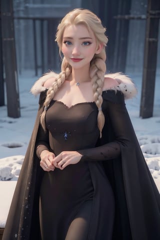 Realistic photography cinematic still,a women (masterpiece:1.4), (best qualit:1.4), (high resolution:1.4),dark cape, dark dress, elsa of arendelle, fur trim, single_braid, snowflake_pattern, smile, snow, 