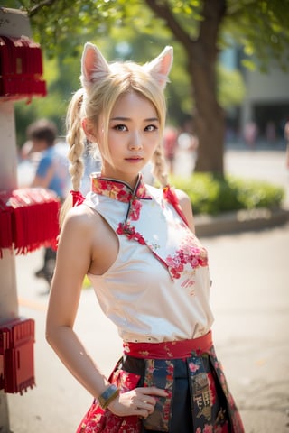 Raw photo, A beautiful Chinese woman, blond, two pigtails, short hair, has white fox ears on her head ,, happy,  upper body, skirt, bokeh,cheerbeerdress,robot_skin