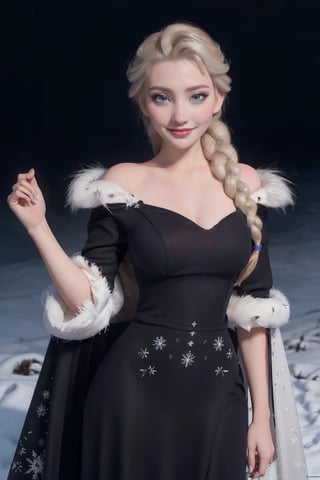 (masterpiece:1.4), (best qualit:1.4), (high resolution:1.4),dark cape, dark dress, elsa of arendelle, fur trim, single_braid, snowflake_pattern, smile, snow, 