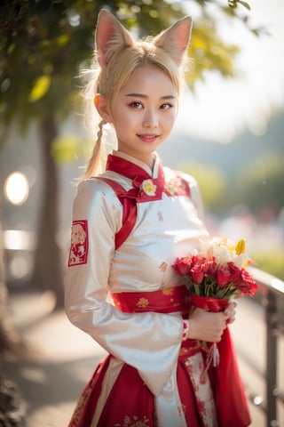 Raw photo, A beautiful Chinese woman, blond, two pigtails, short hair, has white fox ears on her head ,, happy,  upper body, skirt, bokeh,cheerbeerdress,robot_skin