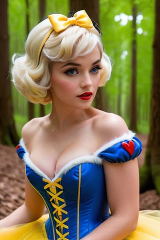 1women , realistic photography, portrait, pinup model, short pixie cut styles,Disney princess snow white, high_res,  detailed eyes, , tight blue corset, , yellow dress, fluffy hair, ,in the forest, ,arch143,neon photography style