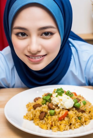 24 years old girl ,hijab, in his bedroom,muslim,sit,smile,masterpiece, ultra realistic,32k, sharp focus, realistic,masterpiece,holding a plate fried rice and scrambled egg at the table
