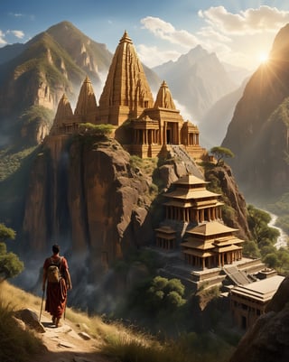 Expeditionary figure treks through a sun-drenched valley, flanked by majestic mountain slopes adorned with intricate sculptures. Warm, earthy tones dominate the landscape, punctuated by the rich hues of ancient temples. The air is thick with detail and realism, as if ripped from a photographic negative. Enhance the textures and depth, amplifying the photorealistic quality to an immersive degree. Dark, rugged hills rise up in the distance, their rugged peaks illuminated by a dramatic chiaroscuro, casting long shadows across the valley floor. The overall mood is one of mystique and discovery, as if the wanderer has stumbled upon a hidden world.,more detail XL,hillscastel