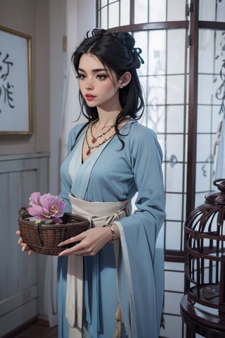 best quality, masterpiece, ultra high res, (photorealistic:1.4), raw photo, ((detail skin)), ((beautiful skin)), realistic, perfect lighting, 
1girl,solo, (HOG_Calligraphy_Tatoo, basket, birdcage, black_hair, cage, curtains, flower, hand_fan, hanfu, indoors, jewelry, lips, long_sleeves, necklace, pearl_necklace, )