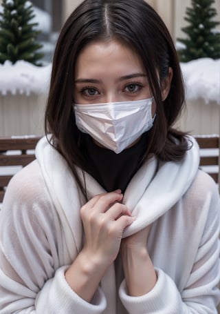 18 years old girl, wearing black_mask, Winter Whisper Wardrobe,
Cozy Chic Charm,
Frosty Femme Fatale Fit, Christmas background