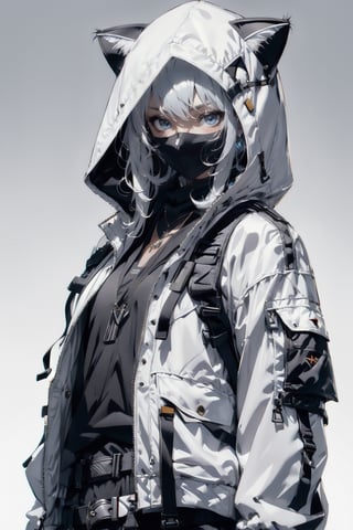 atmospheric scene, masterpiece, best quality, (detailed face, detailed skin texture), (cinematic light: 1.1), High detailed, Color magic, 1female, long hair, white hair, blue eyes, SuiseiSchool, white jacket, hood up, ((cat hood)), (open jacket), 
holster, hornet, black mask, necklace, urban techwear, simple_background, plain background,