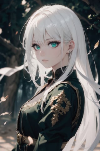 atmospheric scene, masterpiece, best quality, (detailed face, detailed skin texture), (cinematic light: 1.1), 1female, full_body, better_hand, perfect hands, (white hair), (long hair), green eyes, slit pupil, red eyeliner, emotionless, 