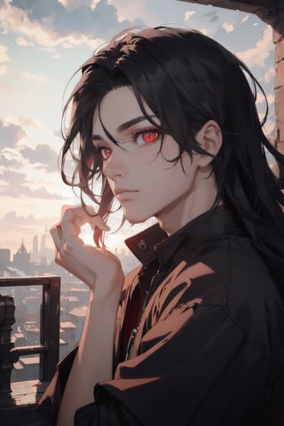 atmospheric scene, masterpiece, best quality, (detailed face, detailed skin texture), (cinematic light: 1.1), 1male, full_body, better_hand, perfect hands, (black hair), (long hair), red eyes, slit pupil, red eyeliner, :), 