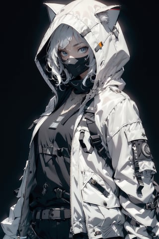 atmospheric scene, masterpiece, best quality, (detailed face, detailed skin texture), (cinematic light: 1.1), High detailed, Color magic, 1female, long hair, white hair, blue eyes, SuiseiSchool, white jacket, hood up, ((cat hood)), (open jacket), 
holster, hornet, black mask, necklace, urban techwear, simple_background, plain background,