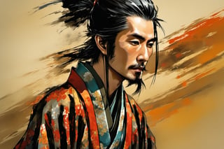 brush art, solo,long hair,black hair,1boy,closed mouth,upper body,ponytail,male focus,japanese clothes,kimono,scarf,sash,facial hair