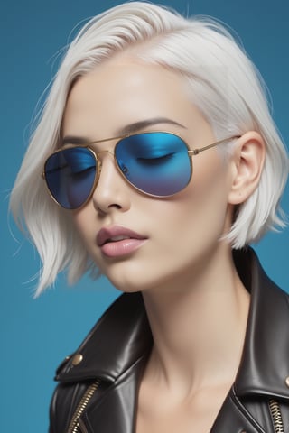 1girl, solo, short hair, simple background, jacket, closed eyes, upper body, white hair, parted lips, teeth, lips, black jacket, blue background, sunglasses, zipper, nose, leather, tinted eyewear, leather jacket, aviator sunglasses