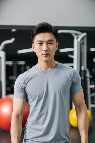 young asian man wear tshirt at the gym