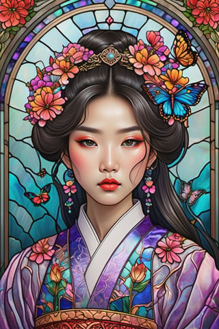 an original artwork that combines elements of stained glass and illustration and depicts a female Asian with slanted eyes and pouty lips wearing in an elaborate hanfu , surrounded by an ornate frame and colorful flowers. She is beautiful and gentle, her face shows tenderness and care, and the image gives off a magical and mysterious vibe with bright gems and butterflies. This is a creative and beautiful image.