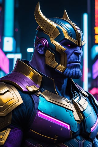 Dragon thanos, strong, wearing armor, cyberpunk city, under neon lights.