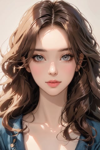 Realistic woman with long brown wavy hair, photorealistic,Detailedface,perfect