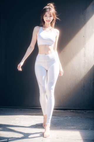 Best quality, masterpiece, ultra high res, (photorealistic:1.4), raw photo, 1girl, very Tight white yoga pants , Dynamic posture,dynamic background,glowing skin, confident smile,full body