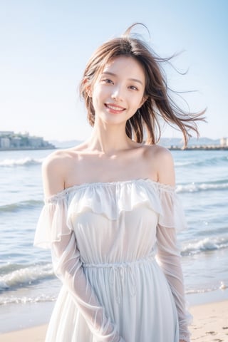 Best quality, masterpiece, ultra high res, (photorealistic:1.4), raw photo, 1girl, white dress, off shoulder, seaside background, blue sky,glowing skin, light smile